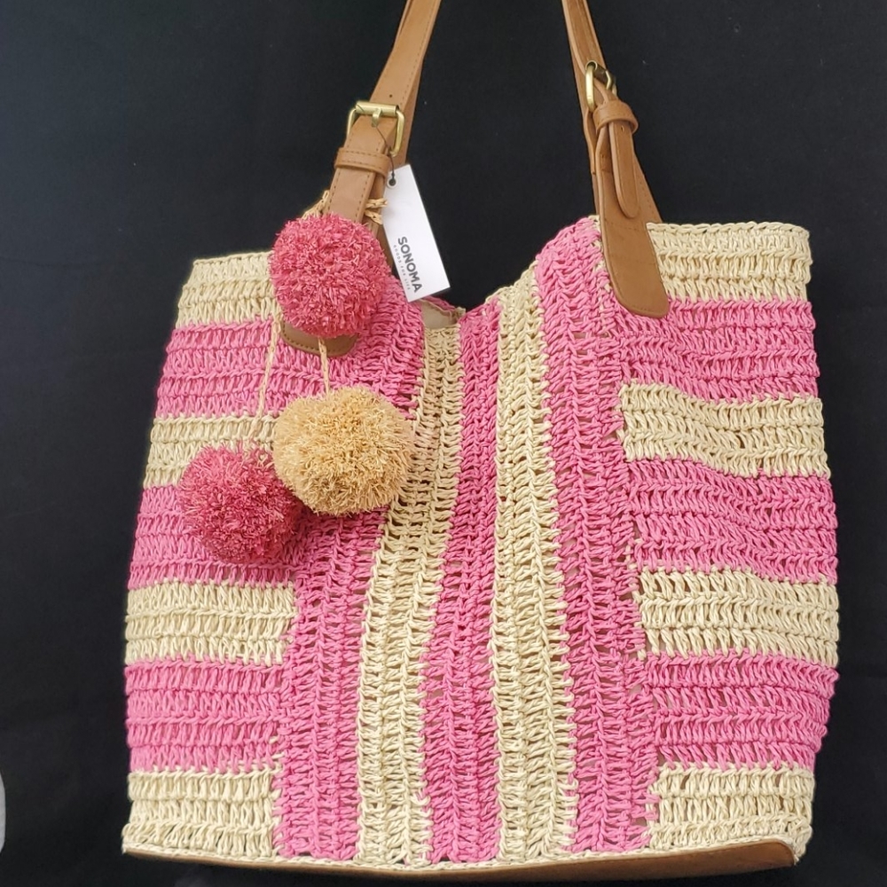 Sonoma Pom Pom  Woven Hobo Bag Tote
